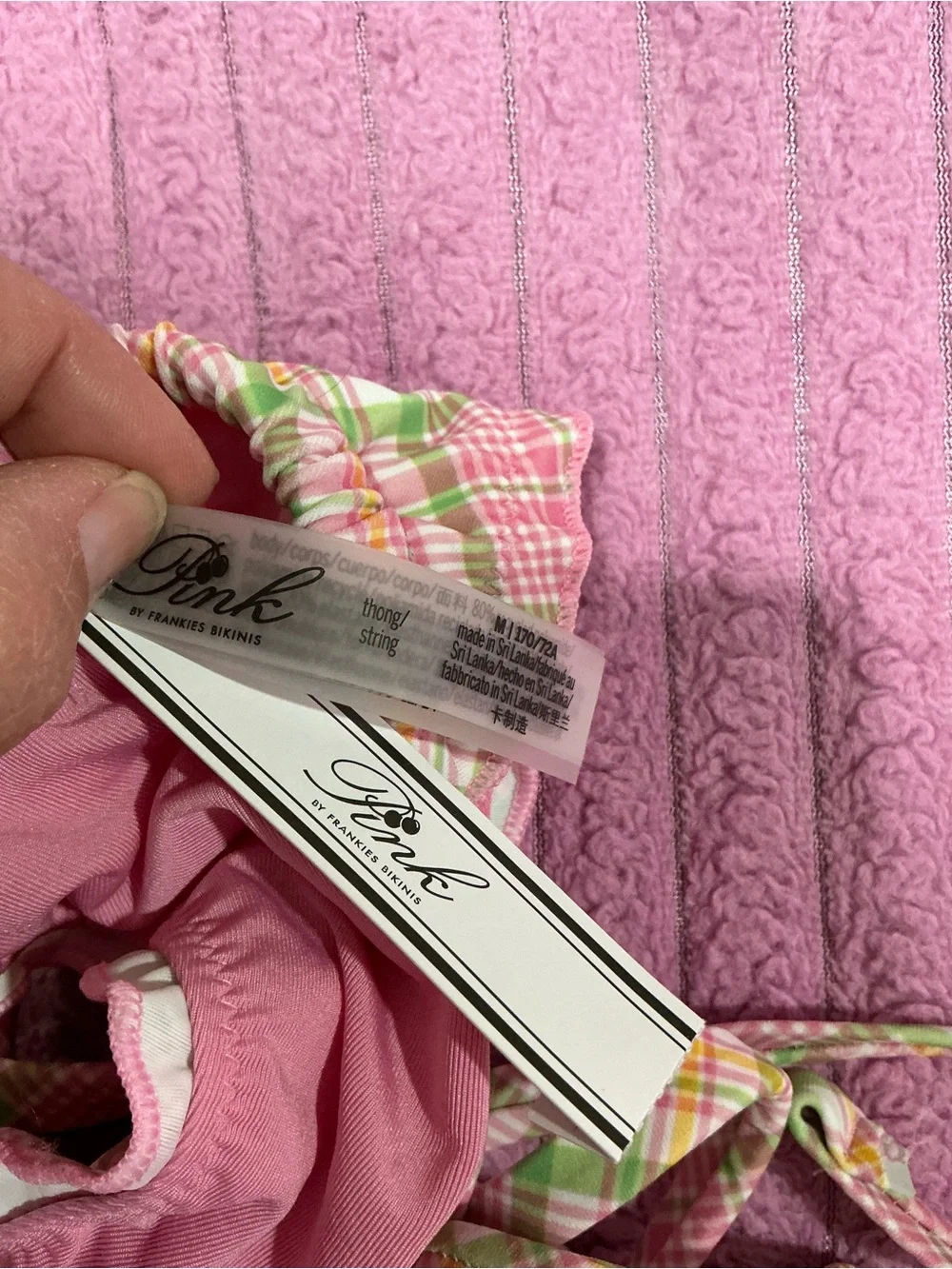 🤎 NWT PINK by Frankies Bikinis Plaid Pink String Bikini Swim Bottom - M (#00807)